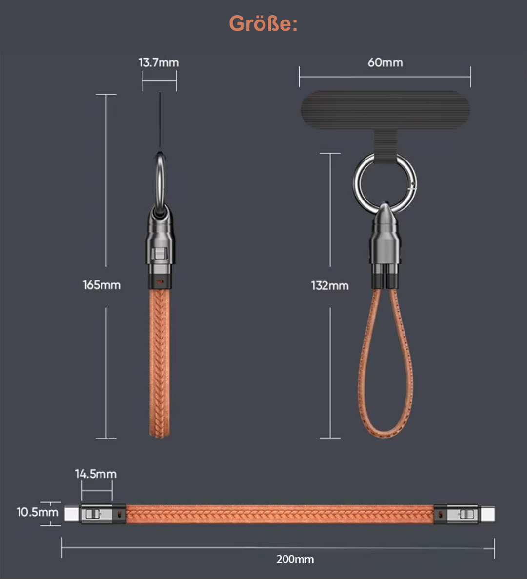 Schnelllade-Kabel mit Schlüsselanhänger & Leder-Handykette
